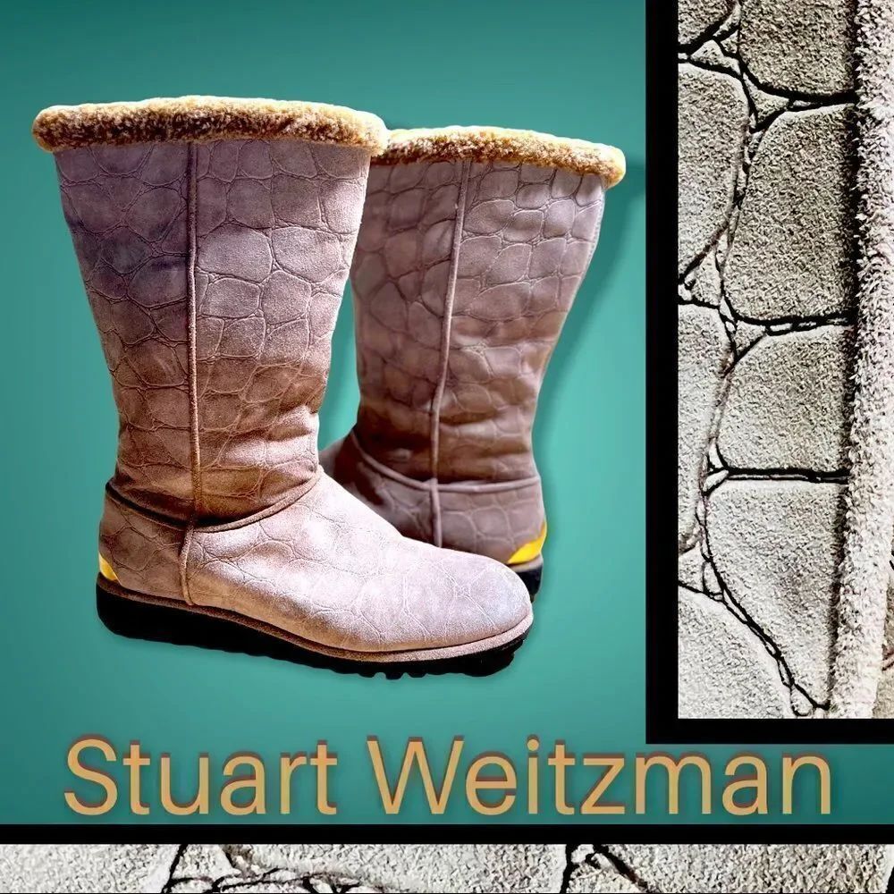 Stuart Weitzman Gray Tan Croc Embossed Winter Snow Boots Size 7 Medium